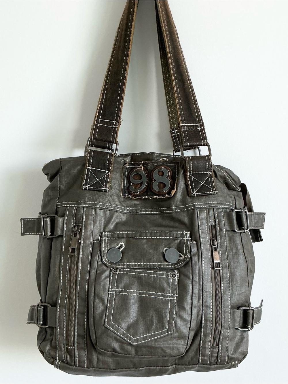 Y2K Grunge khaki distressed tote Shoulder Bag buckle vintage
